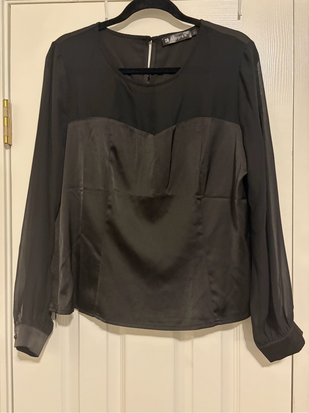 Allegra K Black Sheer-Sleeve Satin Bodice Blouse